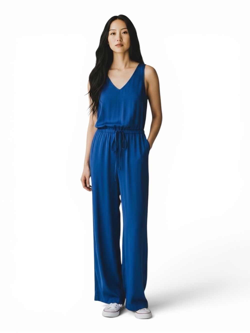 STAUD Blue Wide Leg Jumpsuit Size 2 Sleeveless Belted Minimalist Chic NWOT
